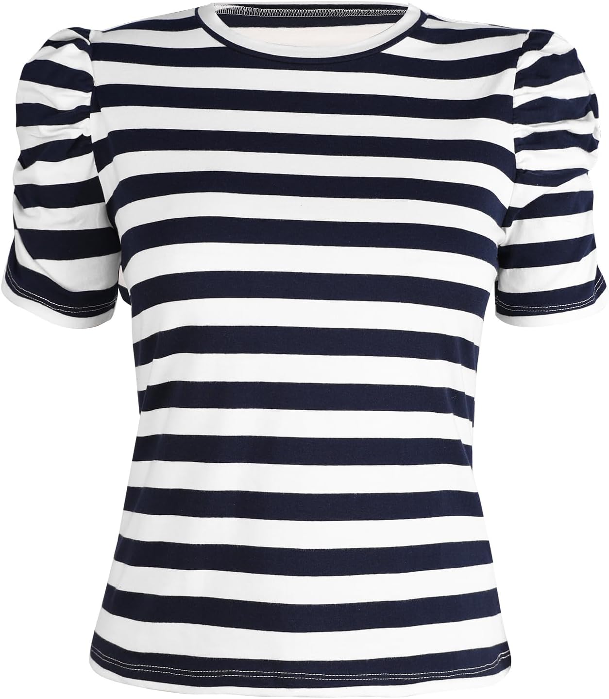 LilyCoco Striped Shirt Women Casual Summer Short Puff Sleeve Crew Neck Fitted Top - Image 5