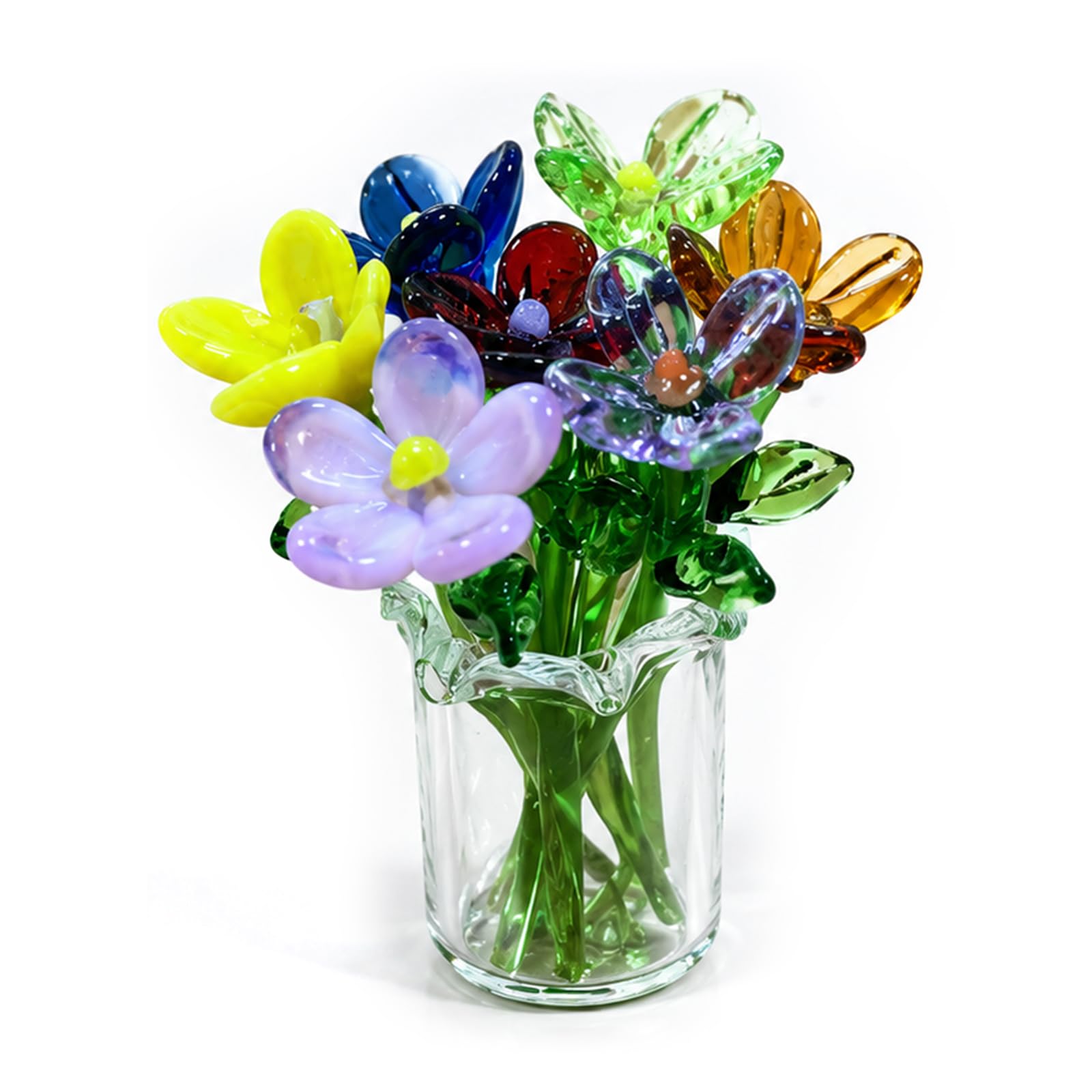 Sukizifa Glass Flowers Mini Bouquet with Vase, Colourful Handmade Glass Flower Decor for Desk, Living Room, Table Centrepiece and Gift