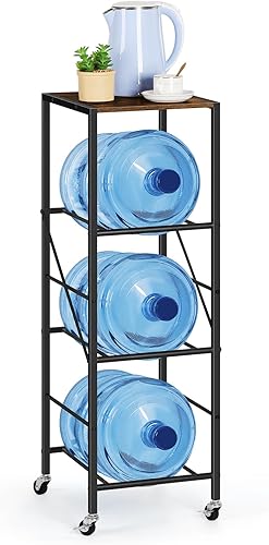 Miniatura 9 de Soporte para botella de agua de 3 niveles marrón rústico con ruedas, resistente soporte para jarra de 5 galones y organizador para cocina, sala de
