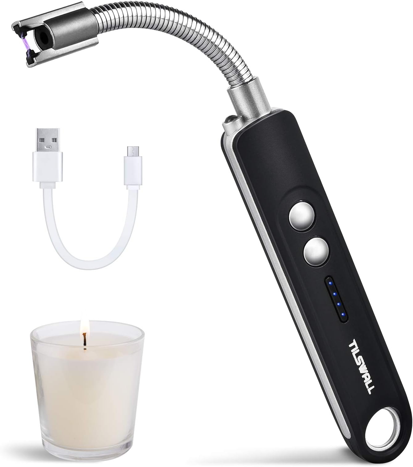 Candle Lighter - Tilswall Electric Arc Ignition Lighter Windproof USB Rechargeable Flameless Plasma Fire with Led Torch and 360° Flexible Neck for Kitchen Cooker, Stove, BBQ etc