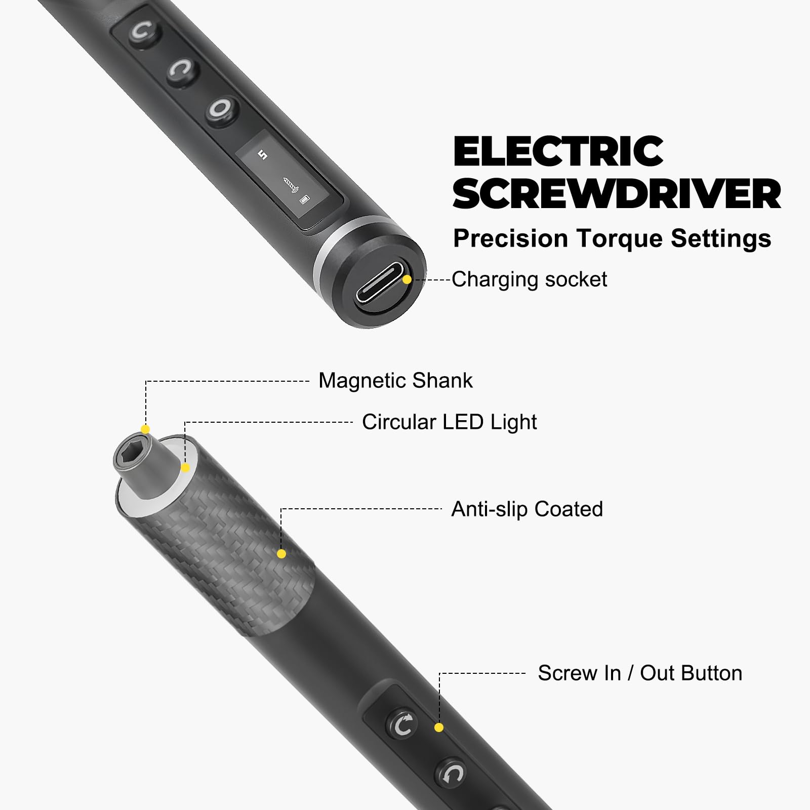 Elec-71 en 1 Tournevis de précision sans fil avec lumière LED, 5 réglages de couple (max 0,6 N·m), 42 embouts magnétiques, kit d'outils de réparation pour ordinateur portable, téléphone (Elec