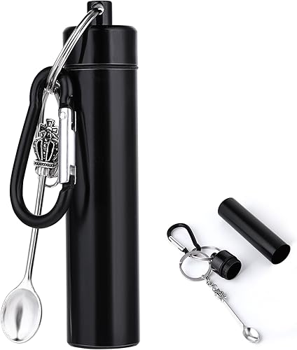 Miniatura 1 de Pequeña botella de almacenamiento con cuchara, pastilleros portátiles llavero con cuchara, pastillero de aleación de aluminio, llavero mini