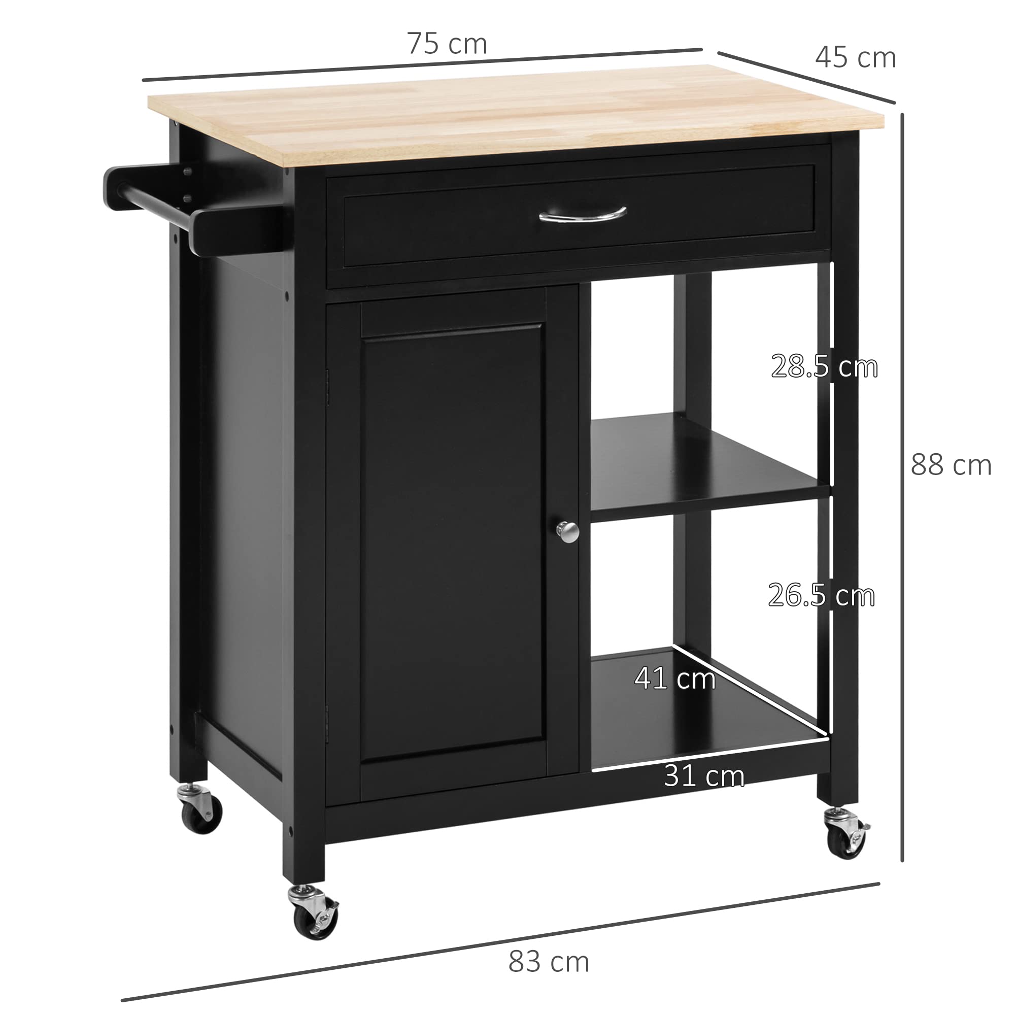 HOMCOM Carrello da Cucina in Legno con Cassetto, Armadietto e Ripiani, Carrellino Portavivande con Ruote, 83x45x88cm, Nero