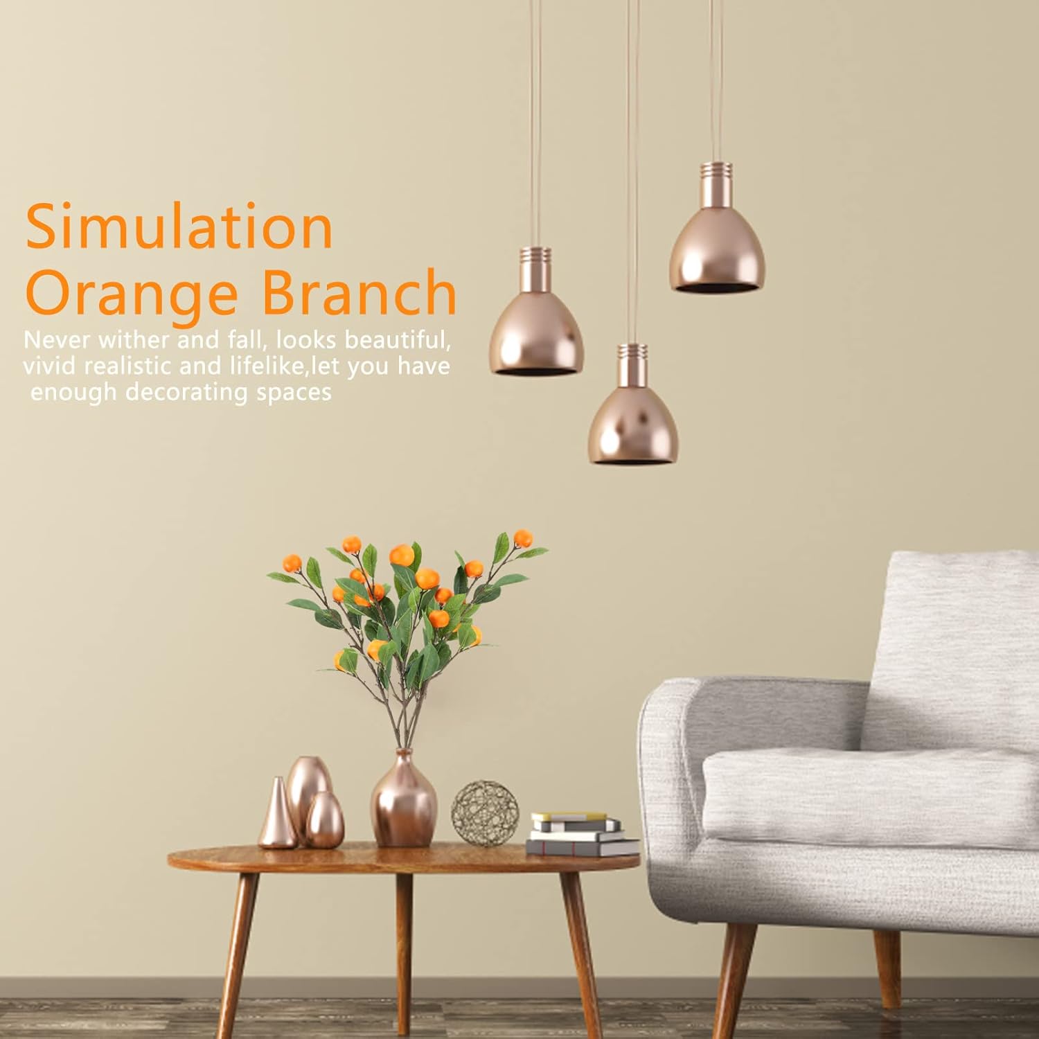 5pcs Artificial Tangerine Branches, Simulation Orange Branch, 25.6 Inch Simulation Orange Branches Faux Fruit Picks Stems with Green Leaves for Vase Flower Arrangement Kitchen Party Table Home Decor