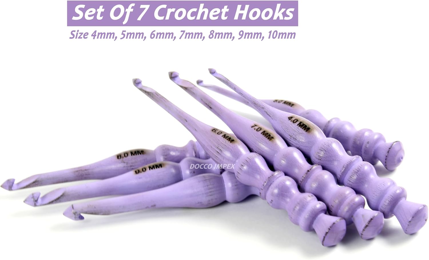 Handmade Ergonomic Wooden Crochet Hooks for Arthritic Hands (Set of 7) Needles for Yarn Accessories | Size 4 mm to 10 mm with Engraved | Yarn Tool (Purple)