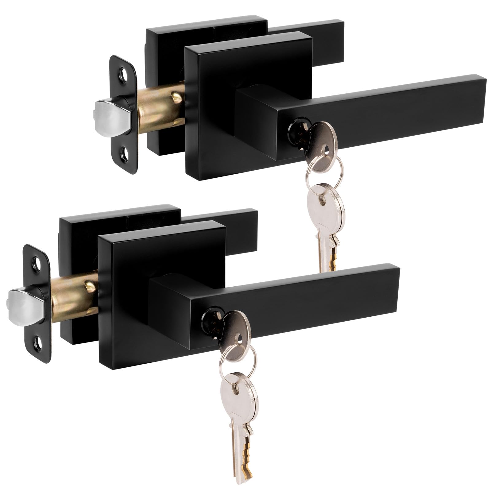 HOSOM Entry Door Handles with Lock and Key, Exterior Interior Door Handle, Matte Black Door Handle Modern Entrance Door Lever Handleset for Left Right Heavy Duty Door Lock Door Knob, 2 Pack