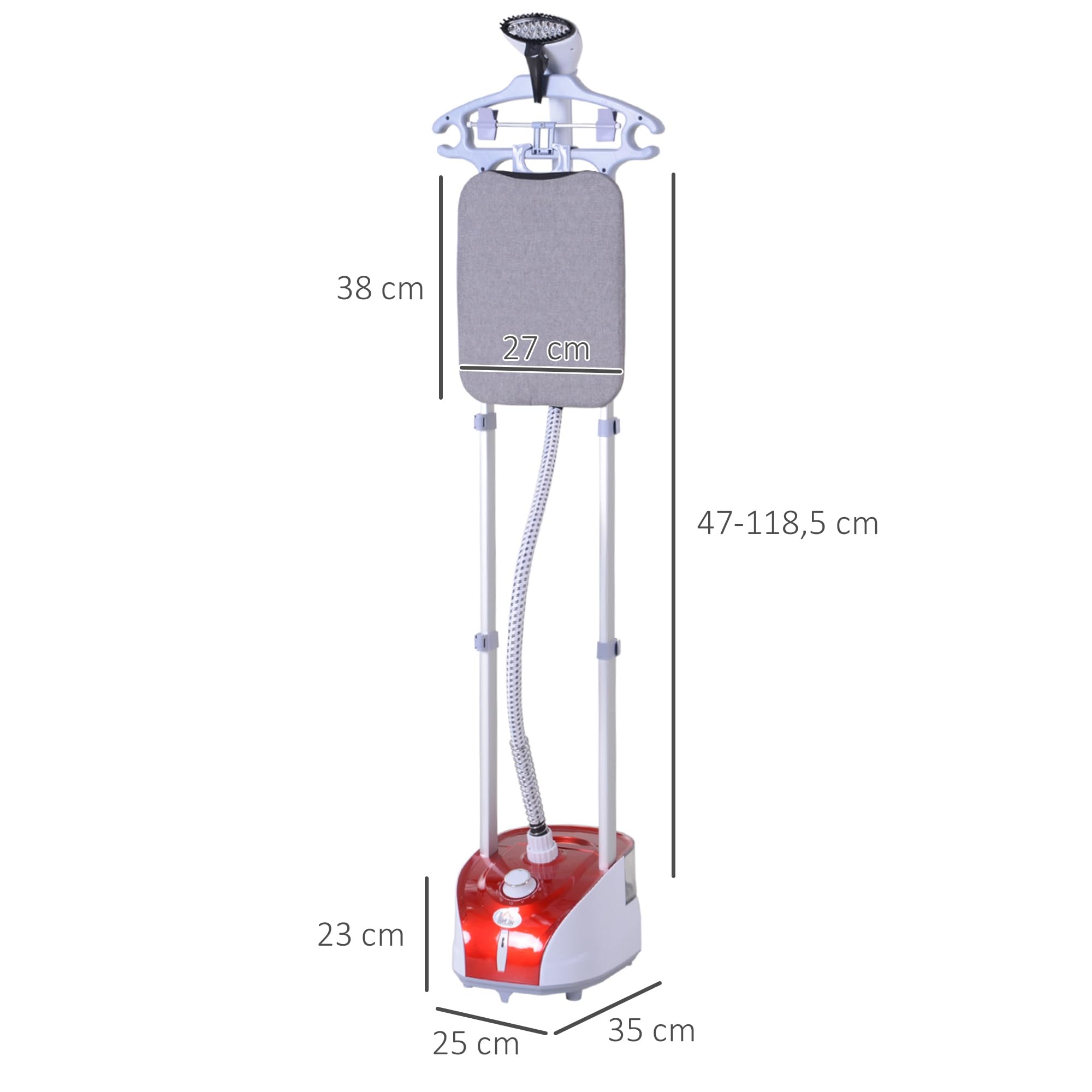 HOMCOM Plancha Vertical Vapor 1950W, Depósito de 2 L, 32g/min, Plancha de Vapor Vertical con Barra Telescópica, Listo en 38s,Colgador de Ropa, Centro de Planchado para Hogar Oficina, Rojo