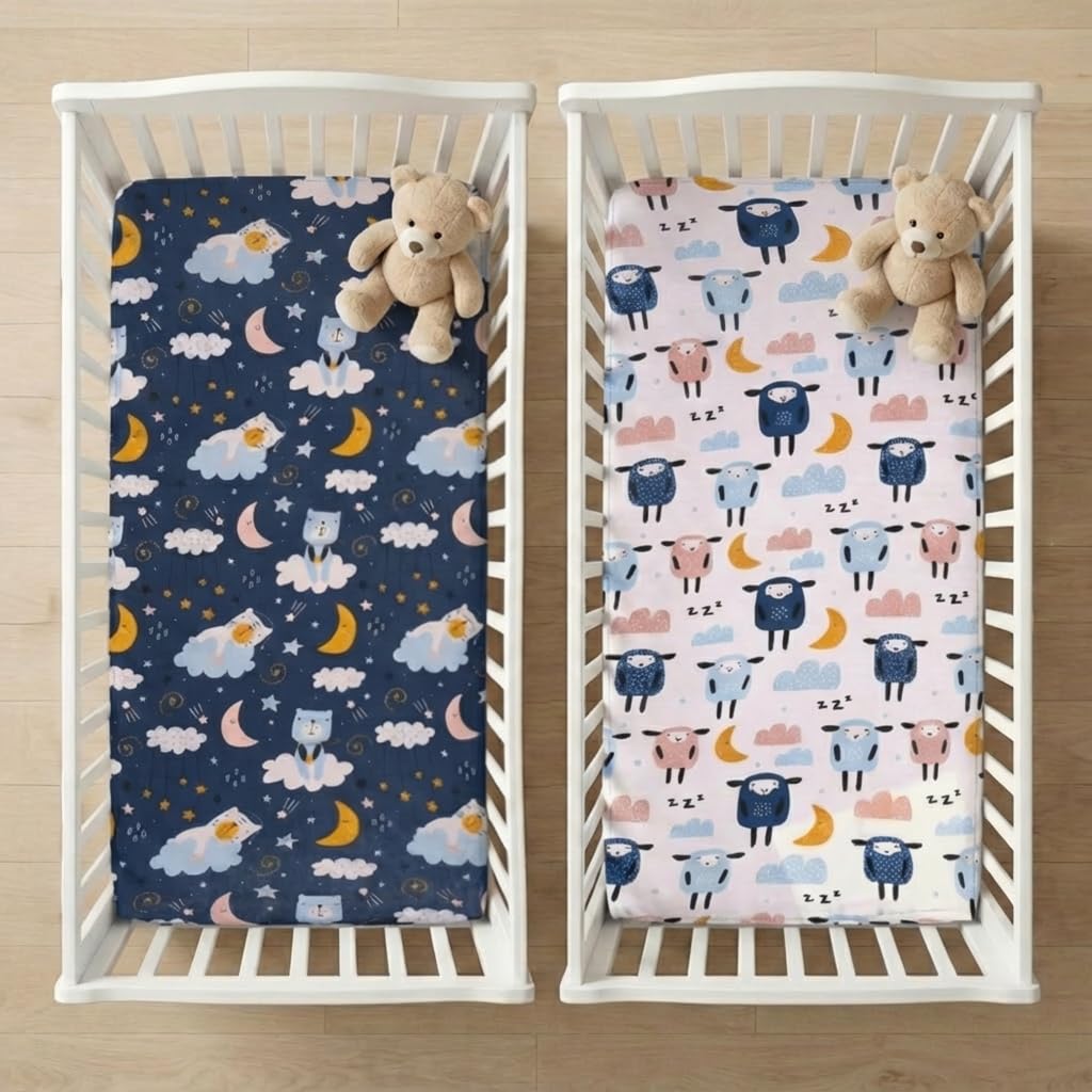A Baby Cherry Fitted Crib Sheet 100% Organic Jersey Cotton 125 * 65CM, 2 Pack Super Soft and Cozy Crib Cover Set for Toddler Mattress, Crib Bedsheet for Boys & Girls
