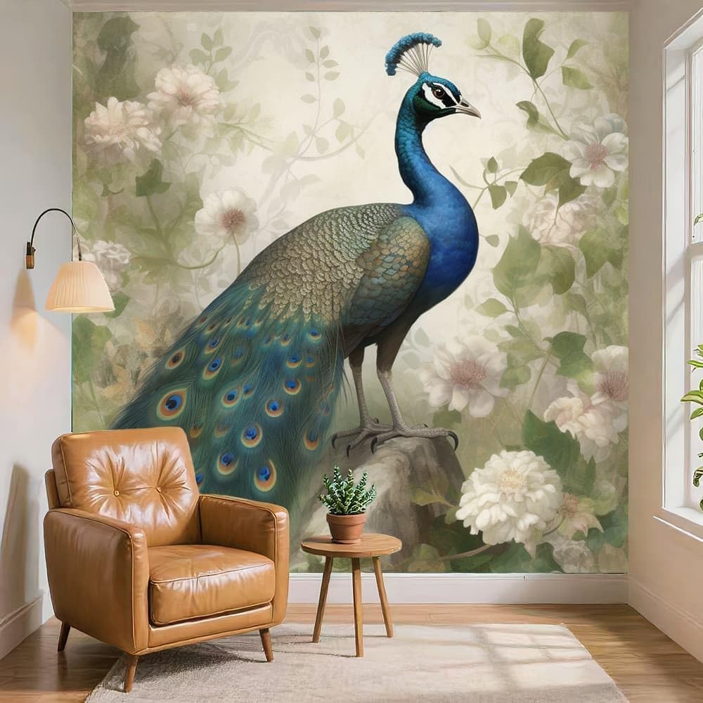 Tapeta ścienna z włókniny 400 x 280 cm sztuka paw kwiaty rośliny panoramiczna zielona tapeta gigantyczny plakat ścienny, do salonu pokój dziecięcy restauracja dekoracja ścienna