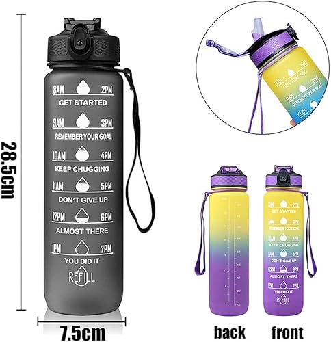 Miniatura 7 de Botella de agua motivacional de 1 litro con tiempos para beber, botella de agua grande de 33 onzas con pajilla, botella de agua deportiva con
