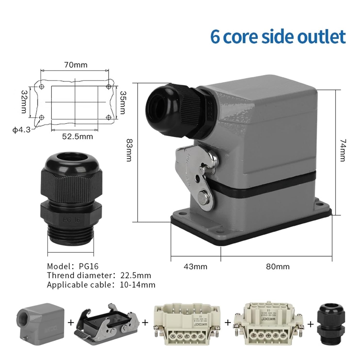 Rectangular Heavy Duty Connector Heavy Duty Connector 6/10/16/24/32/48 Core Pin Top/Side Outlet Aviation Plug Rectangular Waterproof Electrical Wiring(6 Core Top Entry)