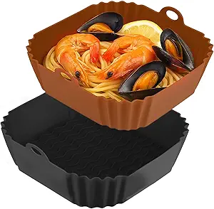 9 Inch Large Air Fryer Silicone Liners - 2 PCS Square Reusable AirFryer Basket Liners for 5-8QT Air fryer, Air fryer Accessories for Baking Roasting Microwave (Black + Brown)