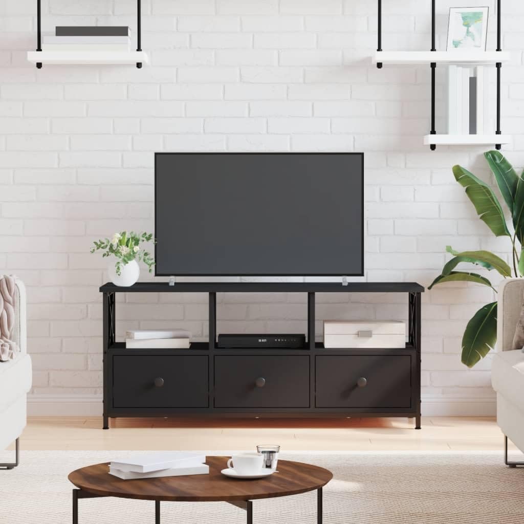 TV Schrank Schwarz 102 x 33 x 45 cm Industrial Lowboard aus Holzwerkstoff und Eisen mit 3 Schubladen für Wohnzimmer und Flur