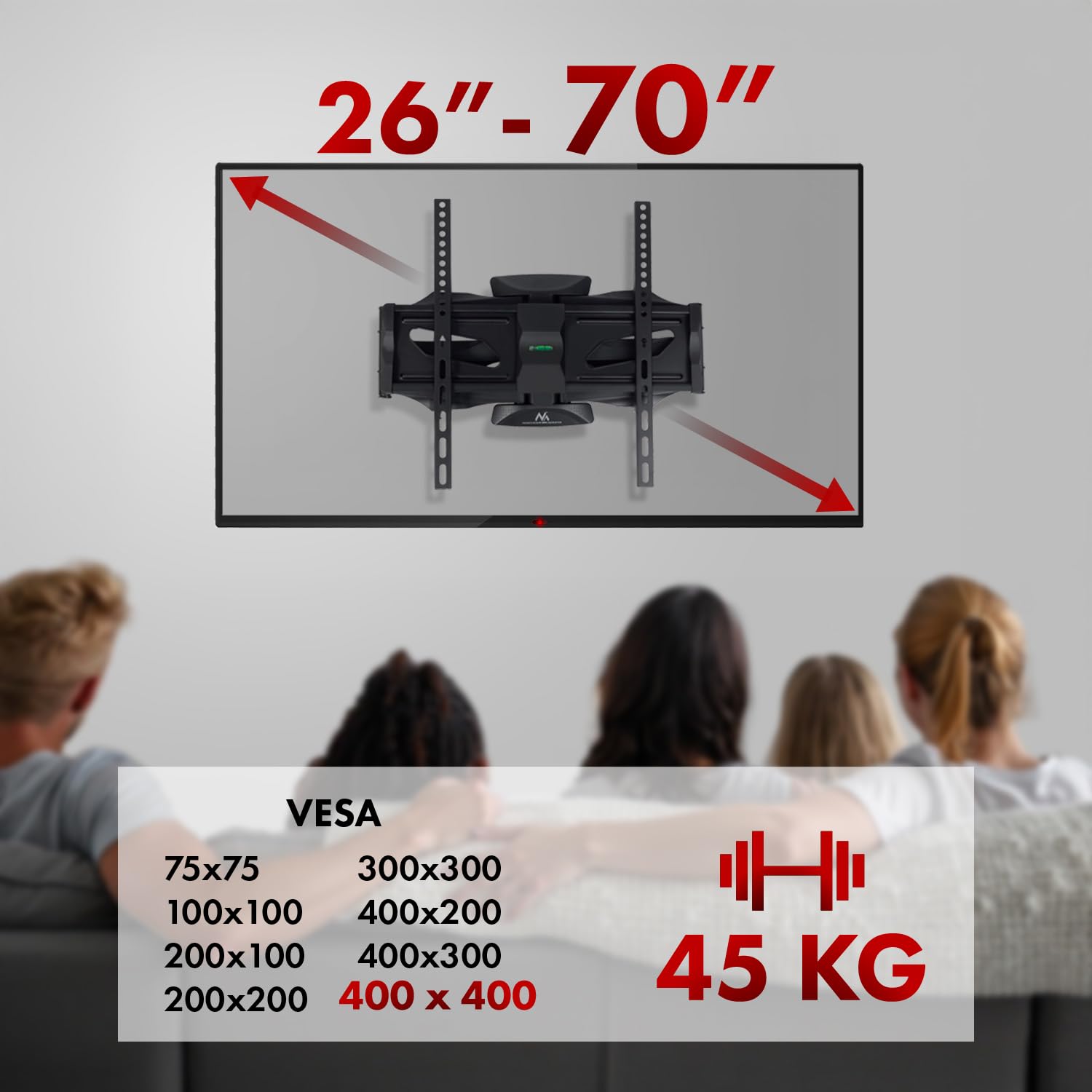 Maclean MC-781 Profesjonalny Uchwyt Ścienny na TV 26-70" Uniwersalny Uchwyt na Telewizor Zawieszany na Ścianie o Obciążeniu do 45 kg, Max. VESA 400x400, Regulowany Uchwyt na TV Plazmowy