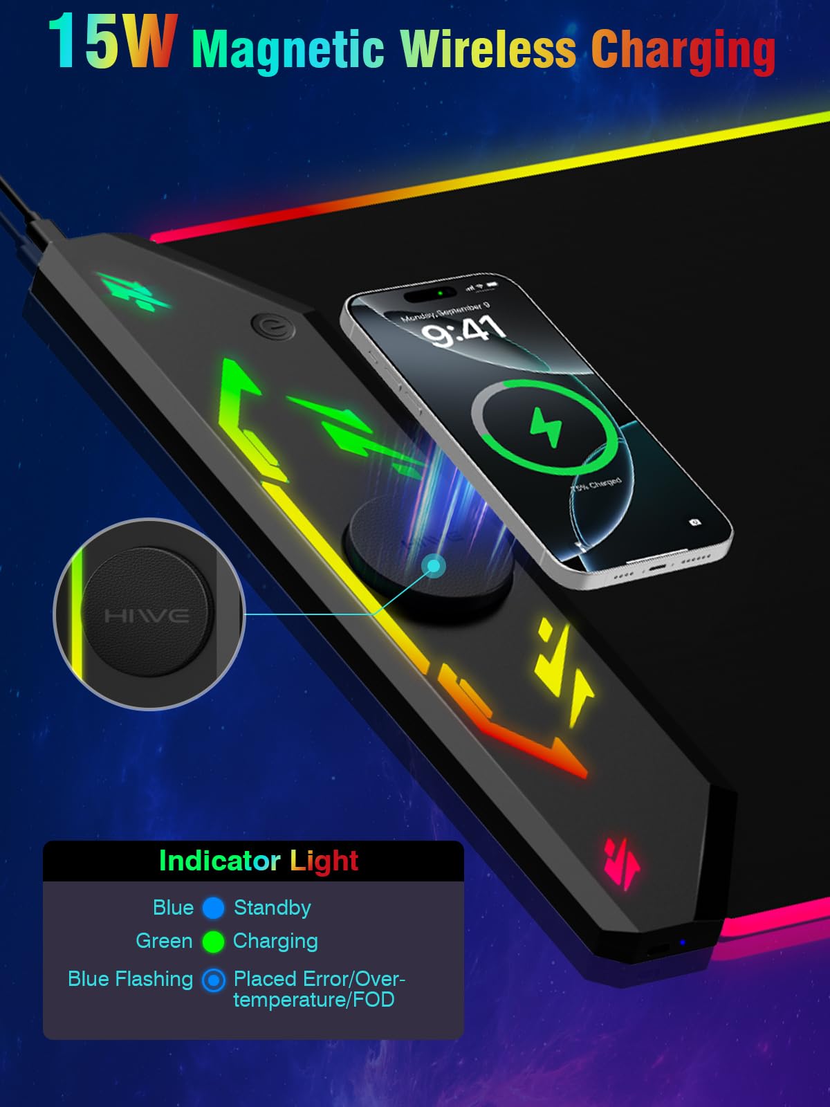 Alfombrilla de mouse para juegos RGB, 35 x 15.8 pulgadas, alfombrilla de escritorio para teclado grande con carga inalámbrica magnética para iPhone, 24 efectos de luz, base antideslizante, superficie