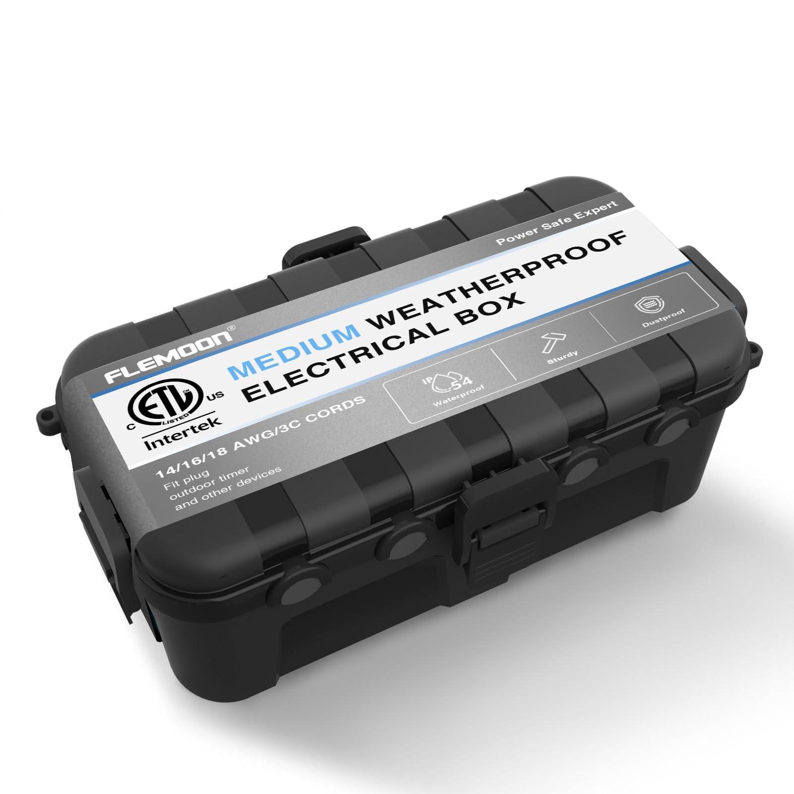 Flemoon Medium Outdoor Electrical Box, ETL Certified IP54 Waterproof Extension Cord Cover w/6 Cable Entry Ports, Weatherproof Connection Box for Power Strip, Timer, Plug, Holiday Lights, Black