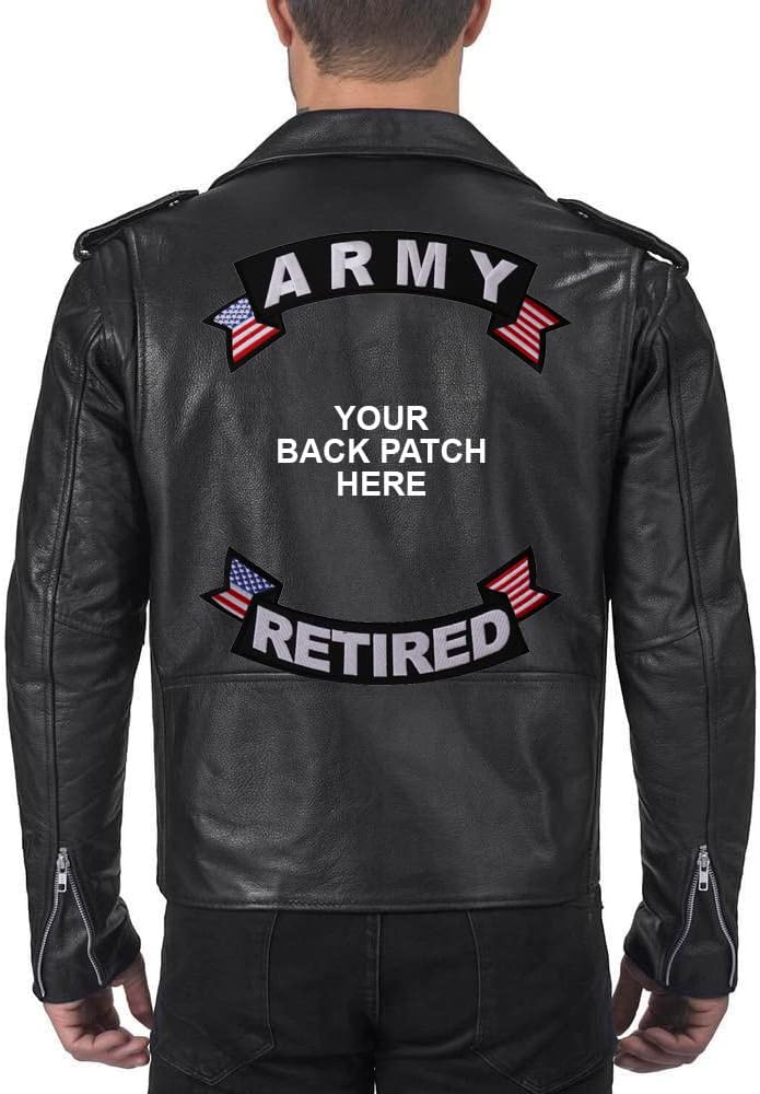 Rocker Back Patch Set (Top and Bottom), Embroidered Motorcycle Patches (Iron-On or Sew-On), Army Retired, Military Veteran, 11" x 4" Each