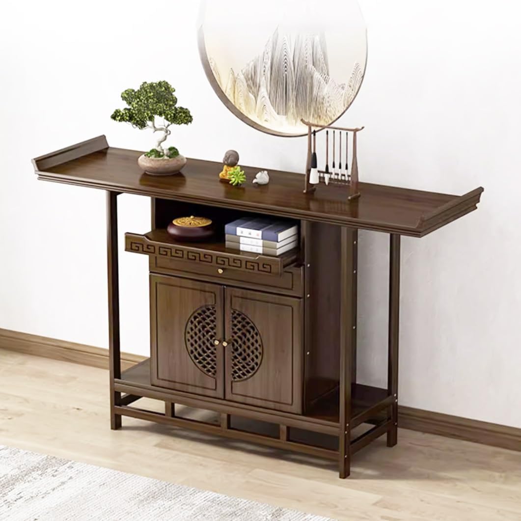 NHPJFDC Personal Shrine Altar Table, Chinese Bamboo Altar Cabinet Buddha Niche, Bamboo Meditation Table Buddhist Altar with Storage Household Offering Table (Walnut, 100cm/39.3")