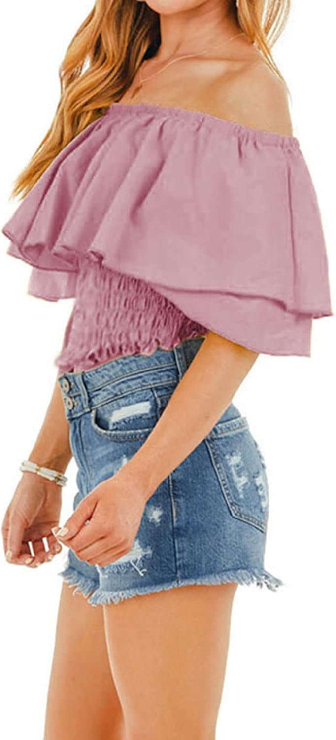 Hibluco Womens Off Shoulder Tops Ruffled Crop Top Smocked Waist Blouse Summer Tops - Image 5