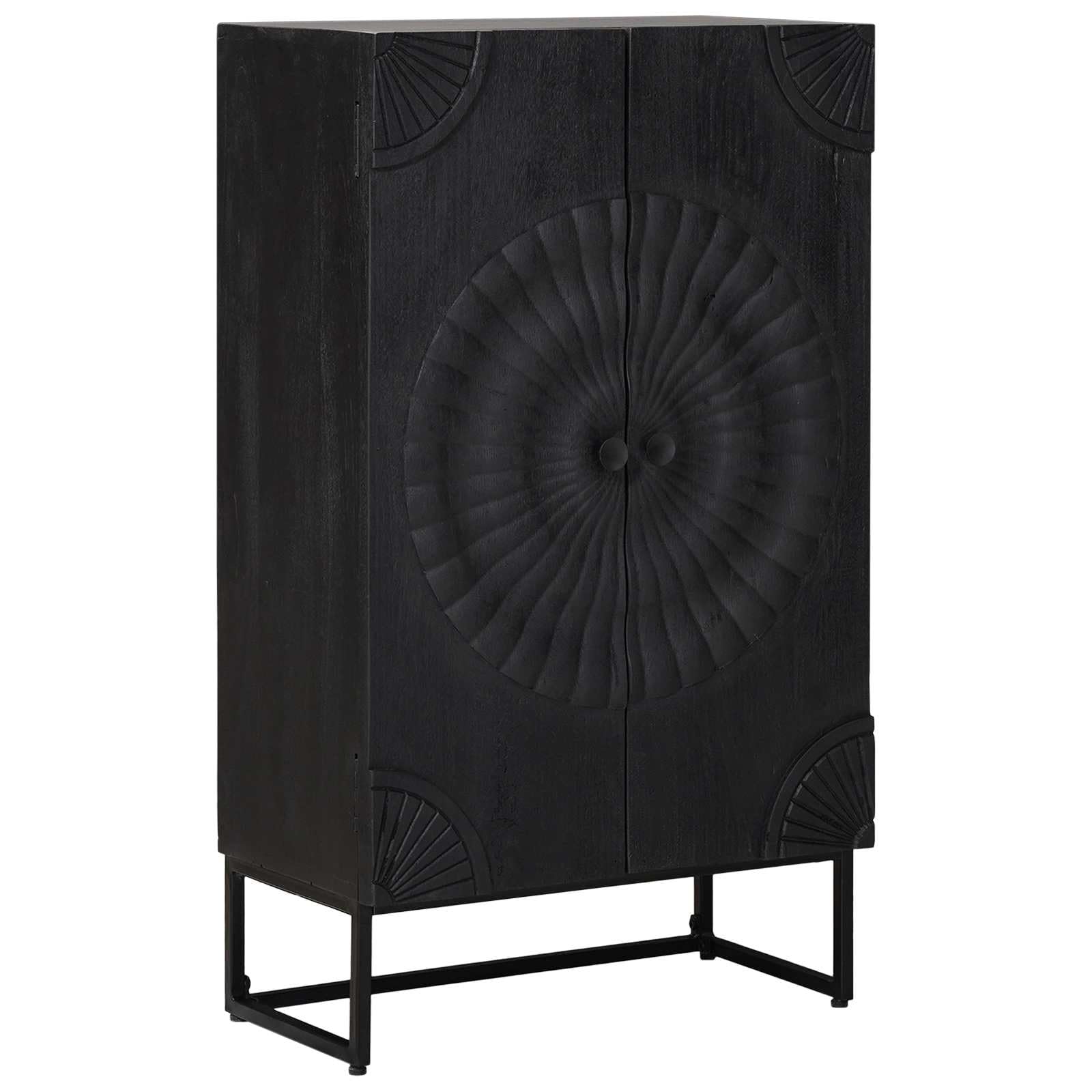 Credenza Nero 55 x 30 x 95 cm | Legno Massello di Mango, 2 Ante, Ripiani e Cassetti, Design Moderno per Soggiorno
