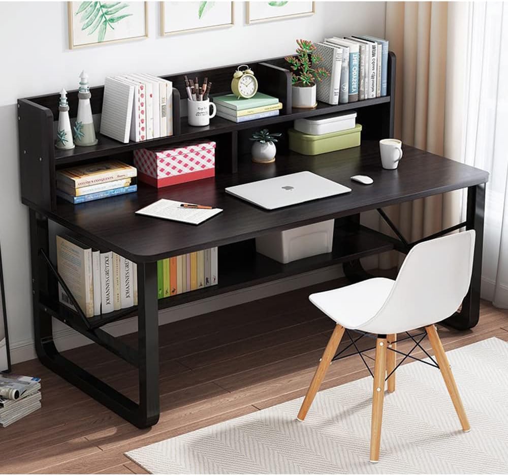 Computer Desk with Bookshelves Hutch, Home Office Desk Stable Metal Structure Desk