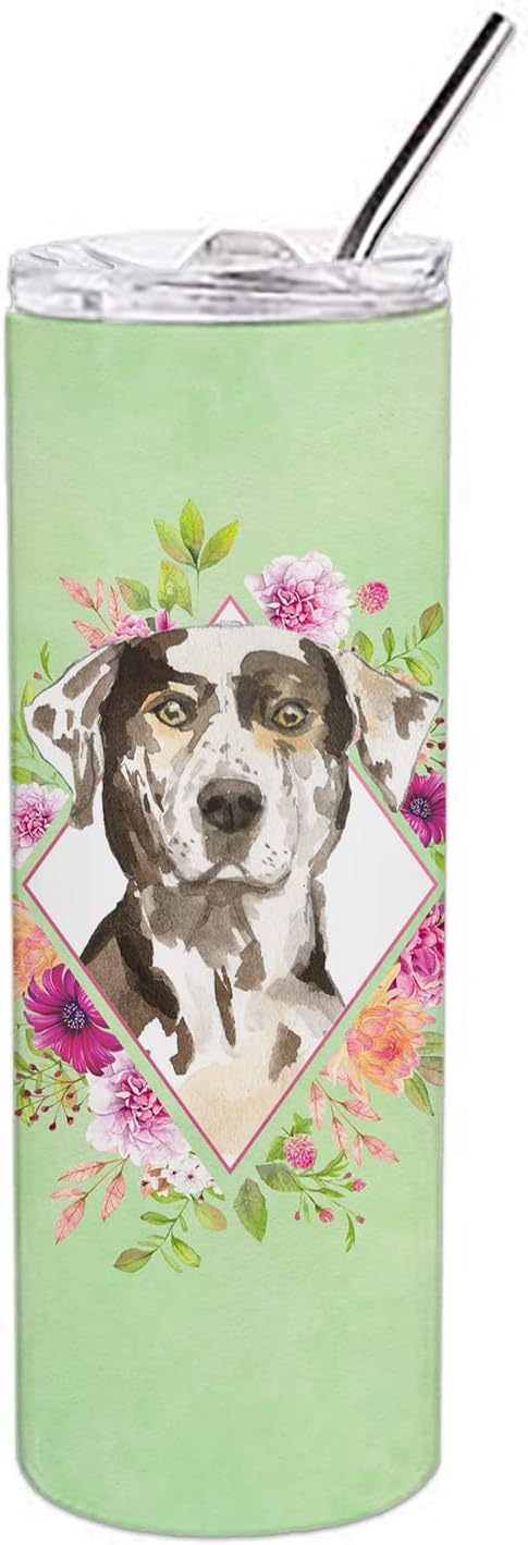 Caroline's Treasures CK4409TBL20 Catahoula Leopard Dog Green Flowers Stainless Steel 20 oz Skinny Tumbler Vacuum Double Walled Reusable Insulated Tumbler Travel Cup for Coffee Cocktails Gift with Lid,