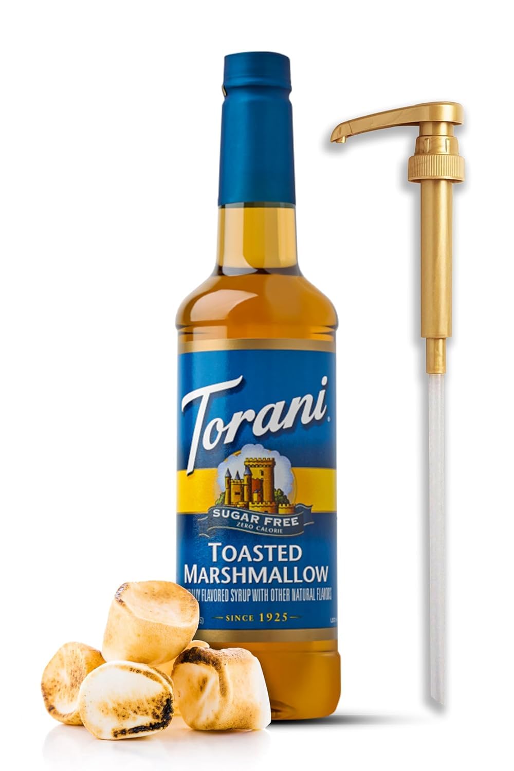 Sugar Free Toasted Marshmallow Coffee Syrup - 25.4 Ounces with Little Squirt Pump Coffee Syrup Dispenser