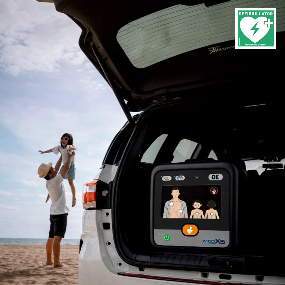 myPAD Heimdefibrillator AED für zuhause, Familie & Freizeit, 4 J. MedX5 Servicegarantie, manuelle Schockauslösung, LED-Grafik, für Kleinkinder Erwachsene, Komplettset