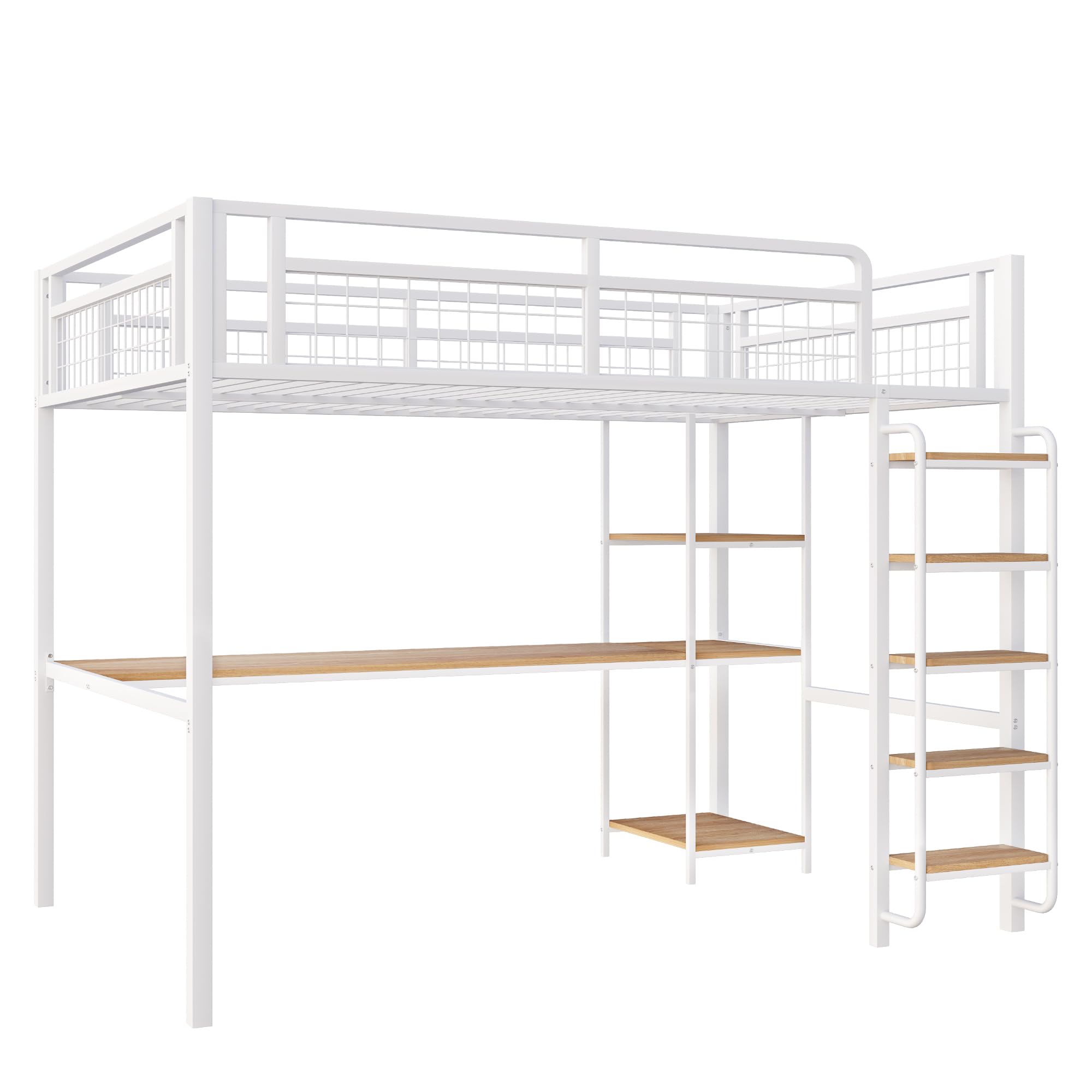 Cama alta de metal de 140 x 200 cm, escalera de seguridad con escalera, cuna con mesa y estante, cama para adultos, valla de seguridad de malla metálica (blanco, 140 x 200 cm)