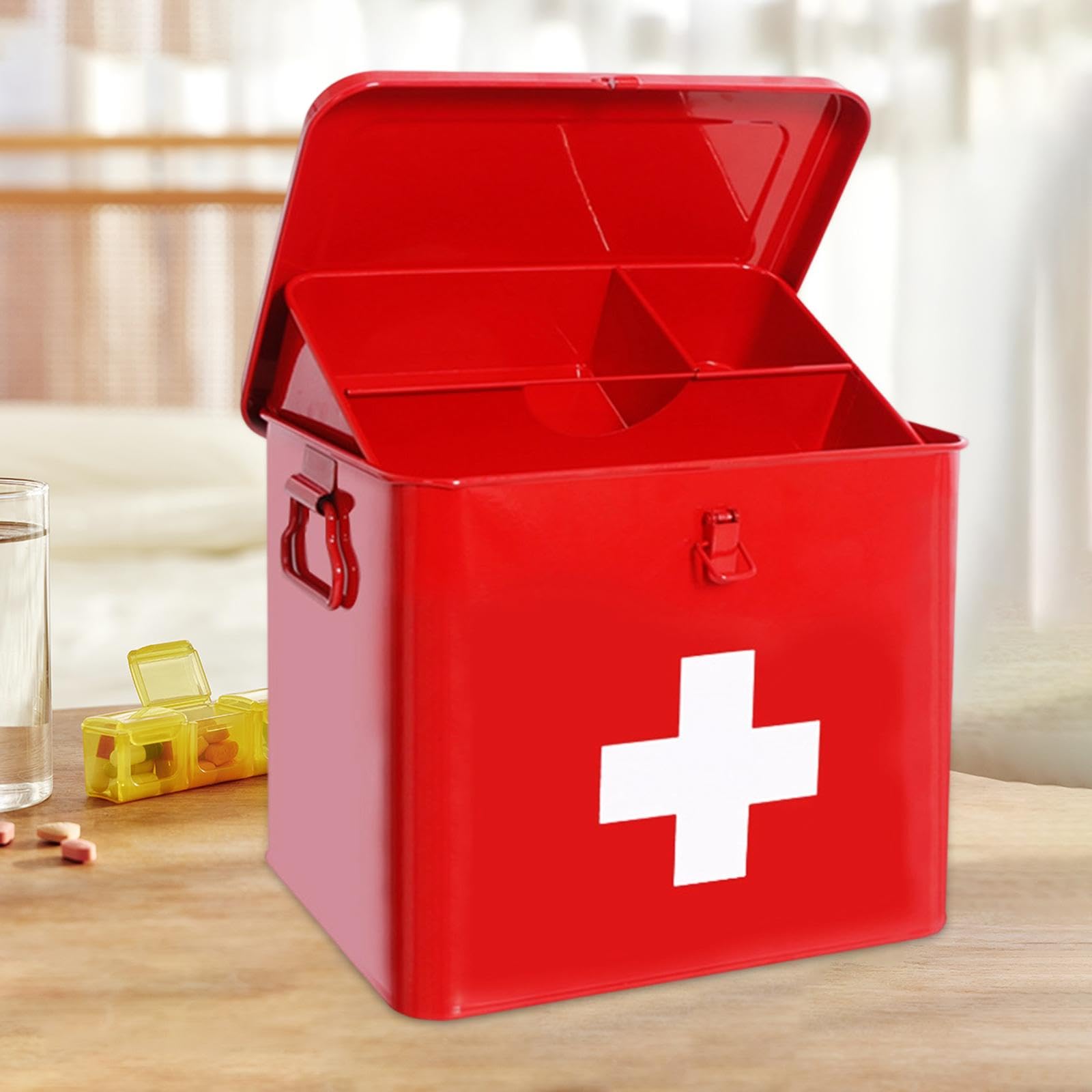 Erste Hilfe Aufbewahrungsbox Notfallkasten Metall Hausapotheke mit Herausnehmbarem Tablett Praktischem Tragegriff Und Sicherem Verschluss für Familie, Rot