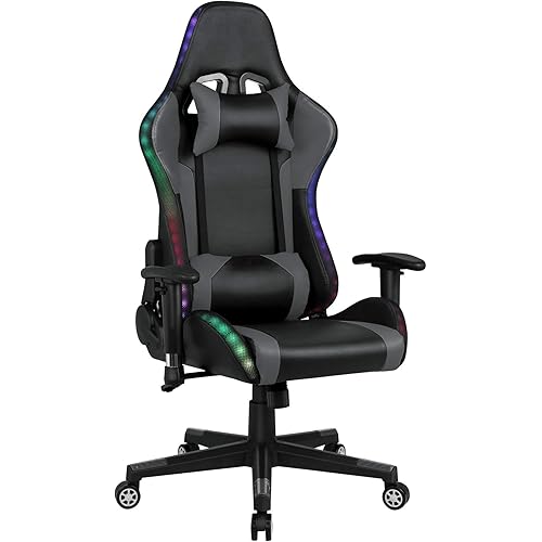 Gaming Chair with Bluetooth Speakers RGB LED Lights, Music Video Game Chair, Ergonomic PU Leather Comfortable Computer Chair, Adjustable Reclining Racing Office Swivel Chair for Adult Teens (Gray)