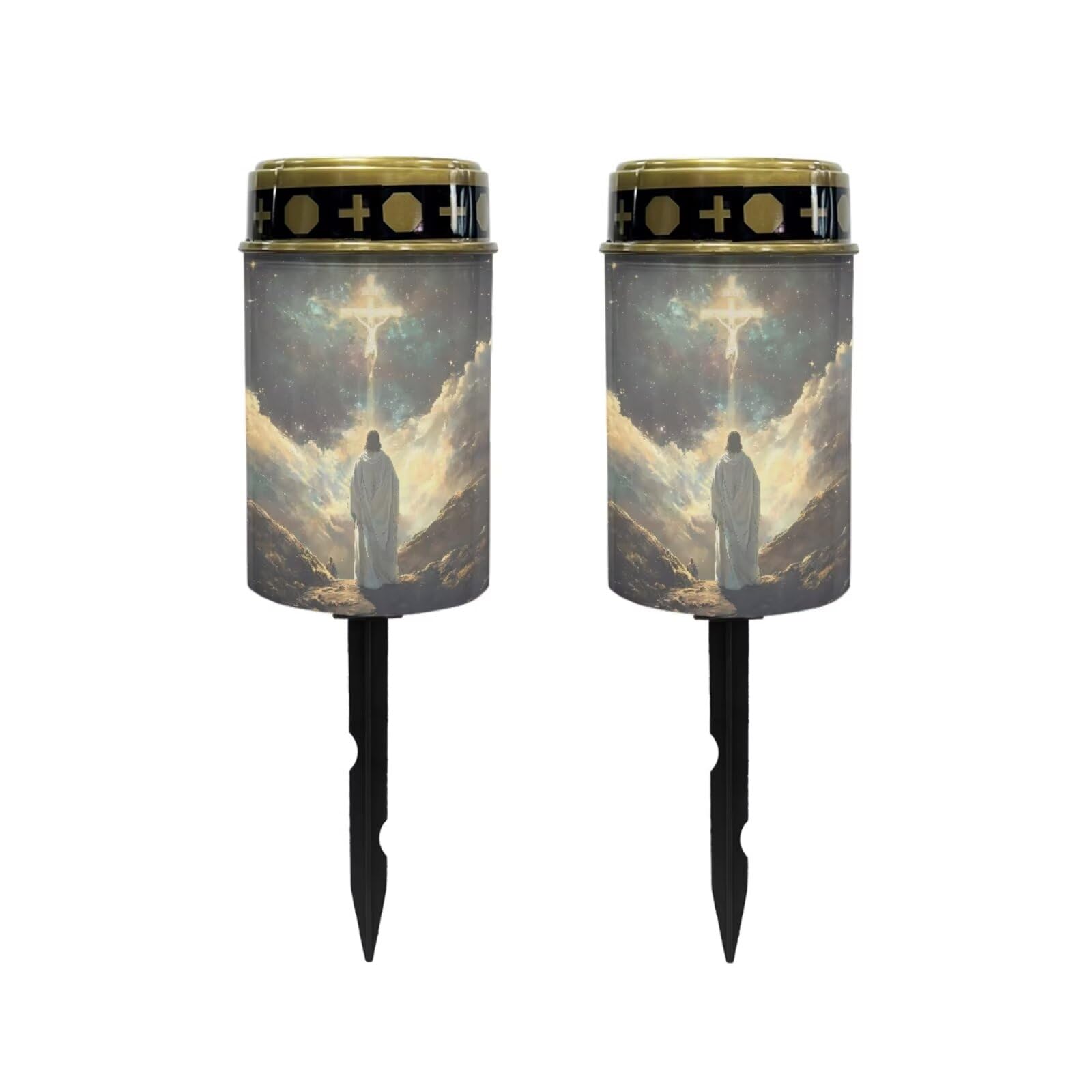 Poceacles 2 Pack Cross Solar Powered Outdoor Lights Cemetery Solar Candle Solar Memorial Lights Outdoor Waterproof Landscape Lights for Yard Patio Lawn Outdoor Home Decor, God Cross Milky Way