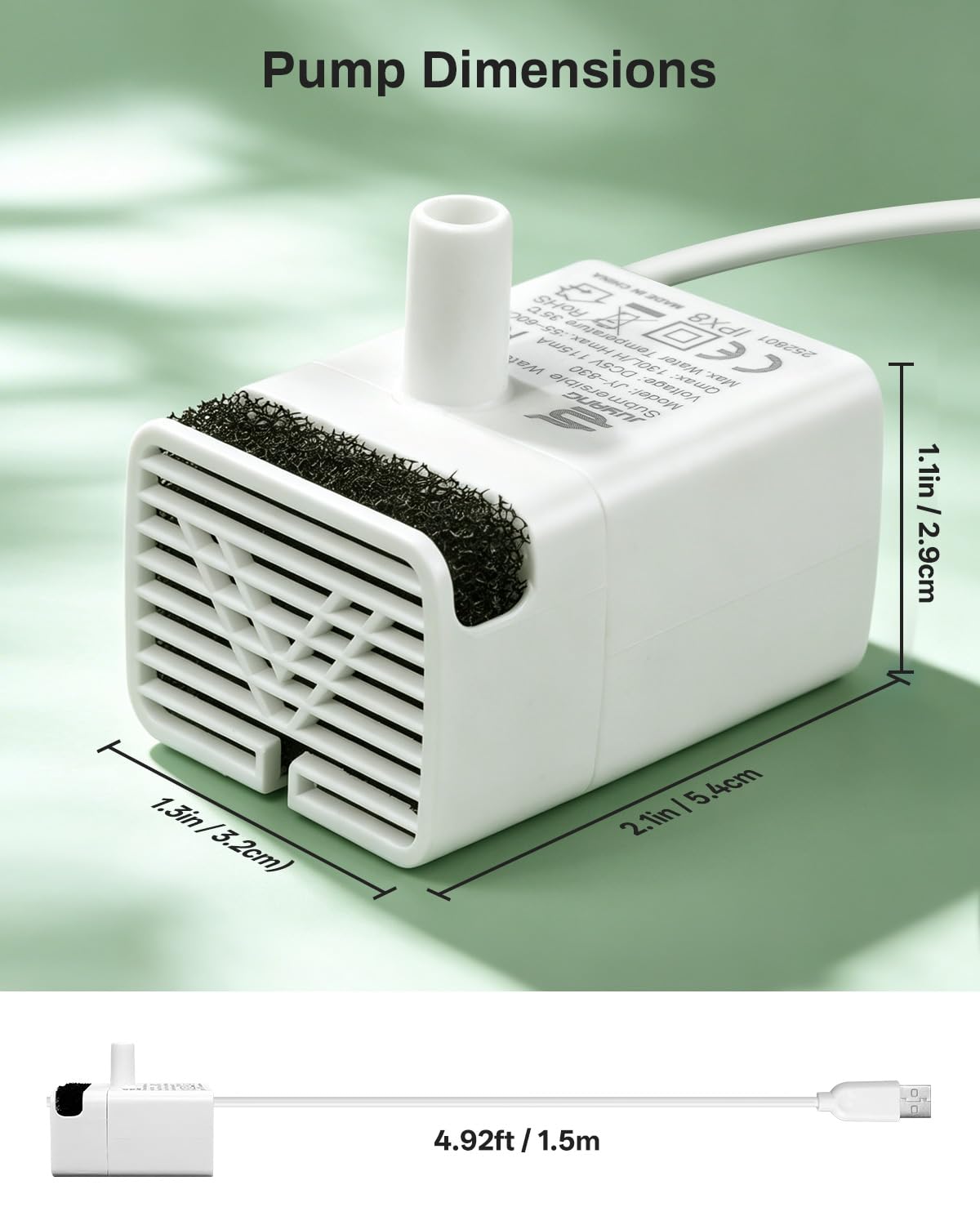 JY-830 Pompa sommergibile universale per molte fontane per animali domestici in acciaio inox, pompa ad acqua per gatti ultra silenziosa, motore USB, cavo da 1,50 m, IPX8, bassa potenza, lunga