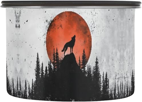 Stainless Steel Coffee Storage Containers with Airtight Lid, Howling Wolf Hill Red Moon 30oz Food Storage Container Kitchen Canister for Tea, Coffee Beans, Ground, Sugar Storage