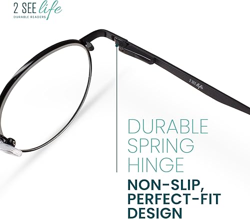 Miniatura 4 de 2SeeLife Gafas de lectura redondas negras con borde de metal para hombres y mujeres, lectores de primera calidad con marco de alambre sólido y