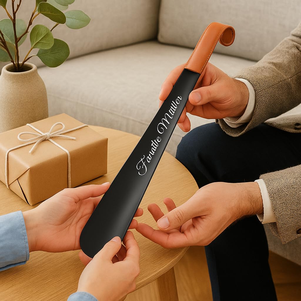 Personalisierter Schuhlöffel mit Gravur – Extra langer Schuhanzieher aus Edelstahl mit edlem Ledergriff – Geschenkidee für Männer & Frauen – Hochwertiger Metall-Schuhanzieher mit Wunschtext