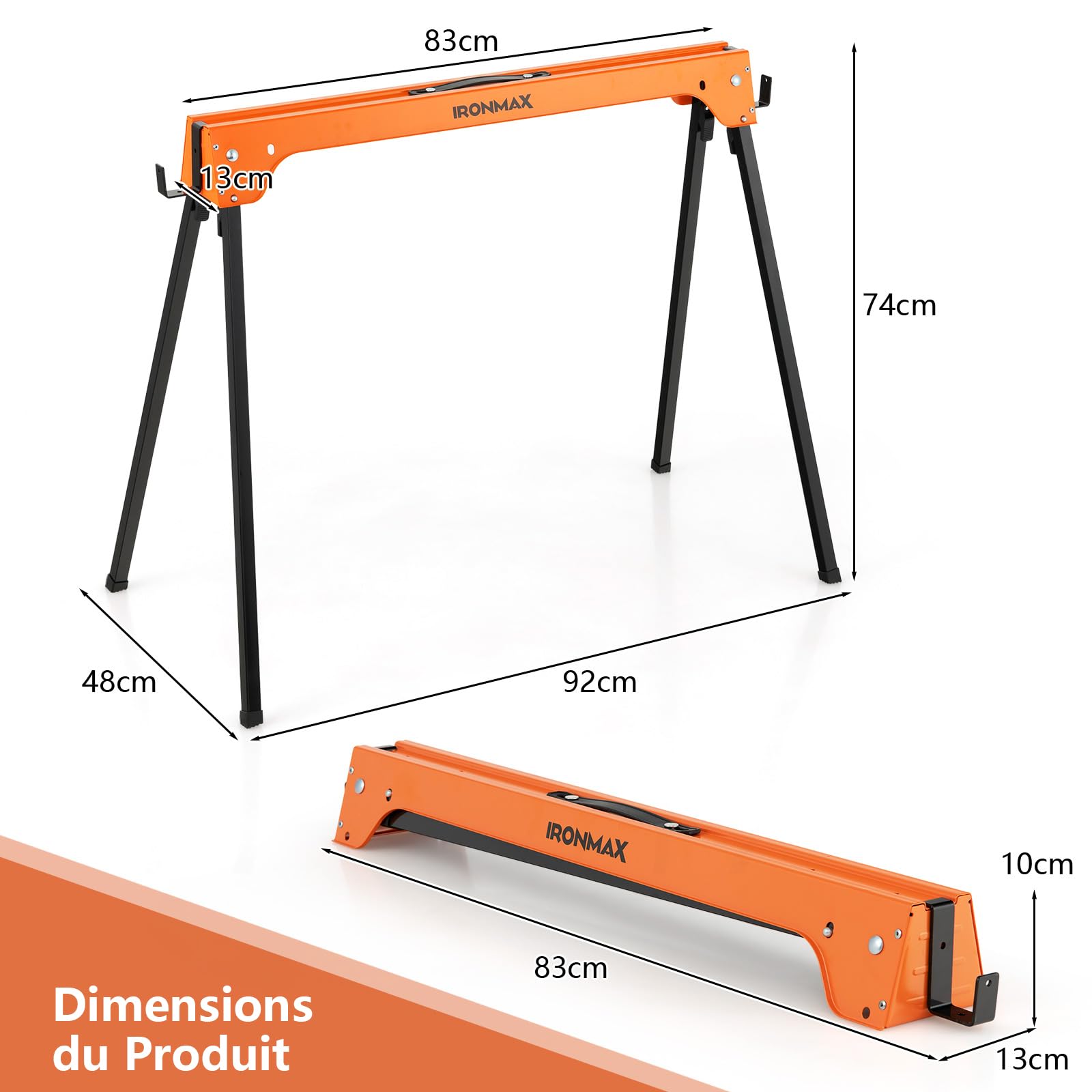 GYMAX Lot de 2 Tréteaux Pliables Métalliques, Chevalet de Sciage Professionnel avec Bras de Soutien de Bois, Poignée de Transport, Patin Antidérapant, pour Bricolage Atelier, Charge Max.600KG(Orange)