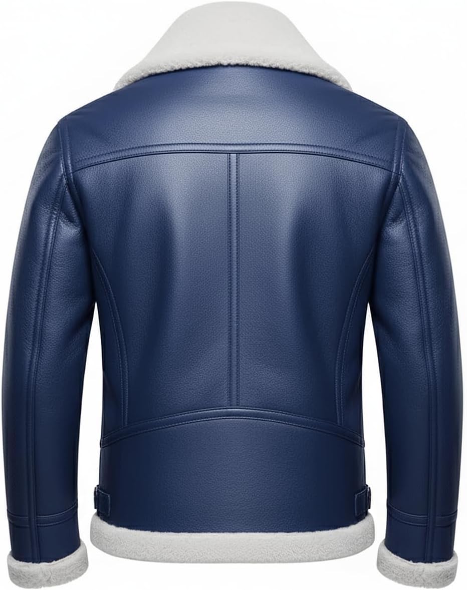 Men’s Shearling Lambskin Leather Jacket – Winter Aviator Bomber Coat with Faux Fur ... - Image 3