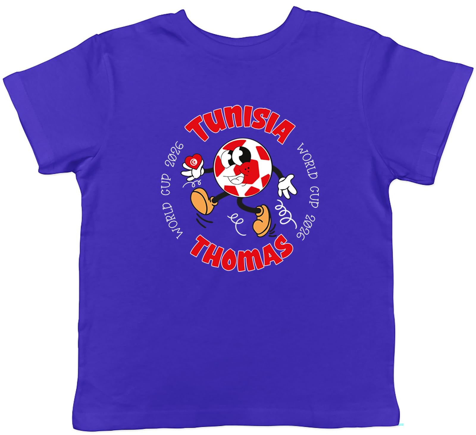 Shopagift Personalised Tunisia World Cup Heart Football Fan Kids T-Shirt Childrens Tee Boys Girls Blue โ image 1