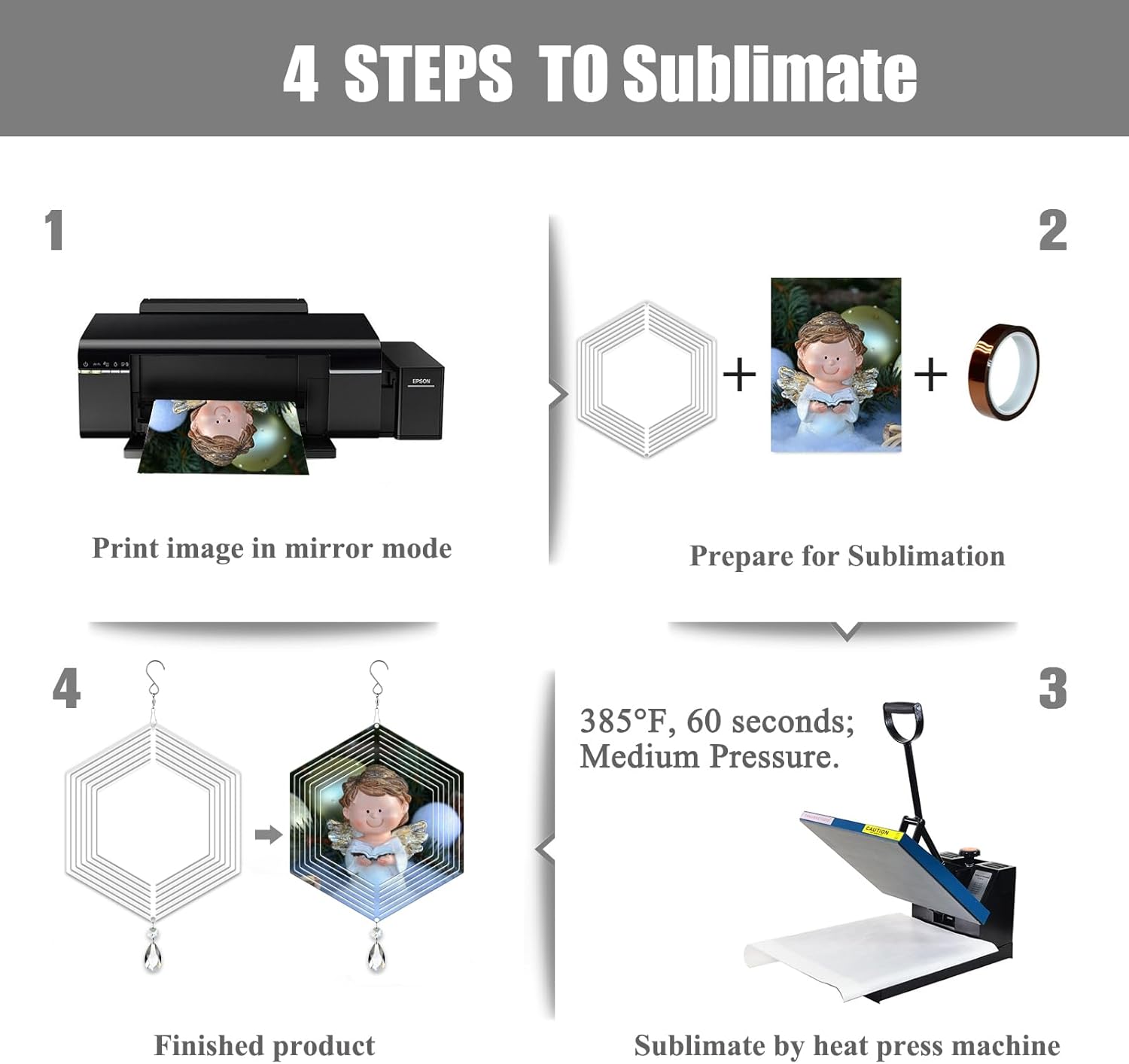 4Pack 8inch Sublimation Wind Spinner Blanks 3D Aluminum Metal Wind Sculpture Kinetic Spinners for Yard and Garden Indoor Art Ornaments Hanging Decoration (Hexagon)