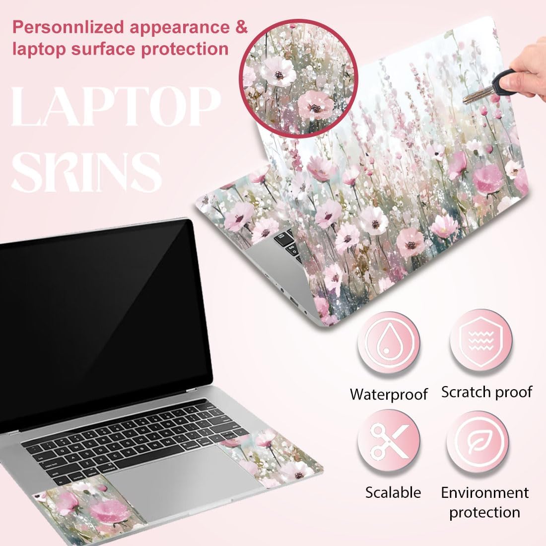 SUPERDANT Laptop Skin Sticker Flowers Laptop Decals Personalized Floral image 3