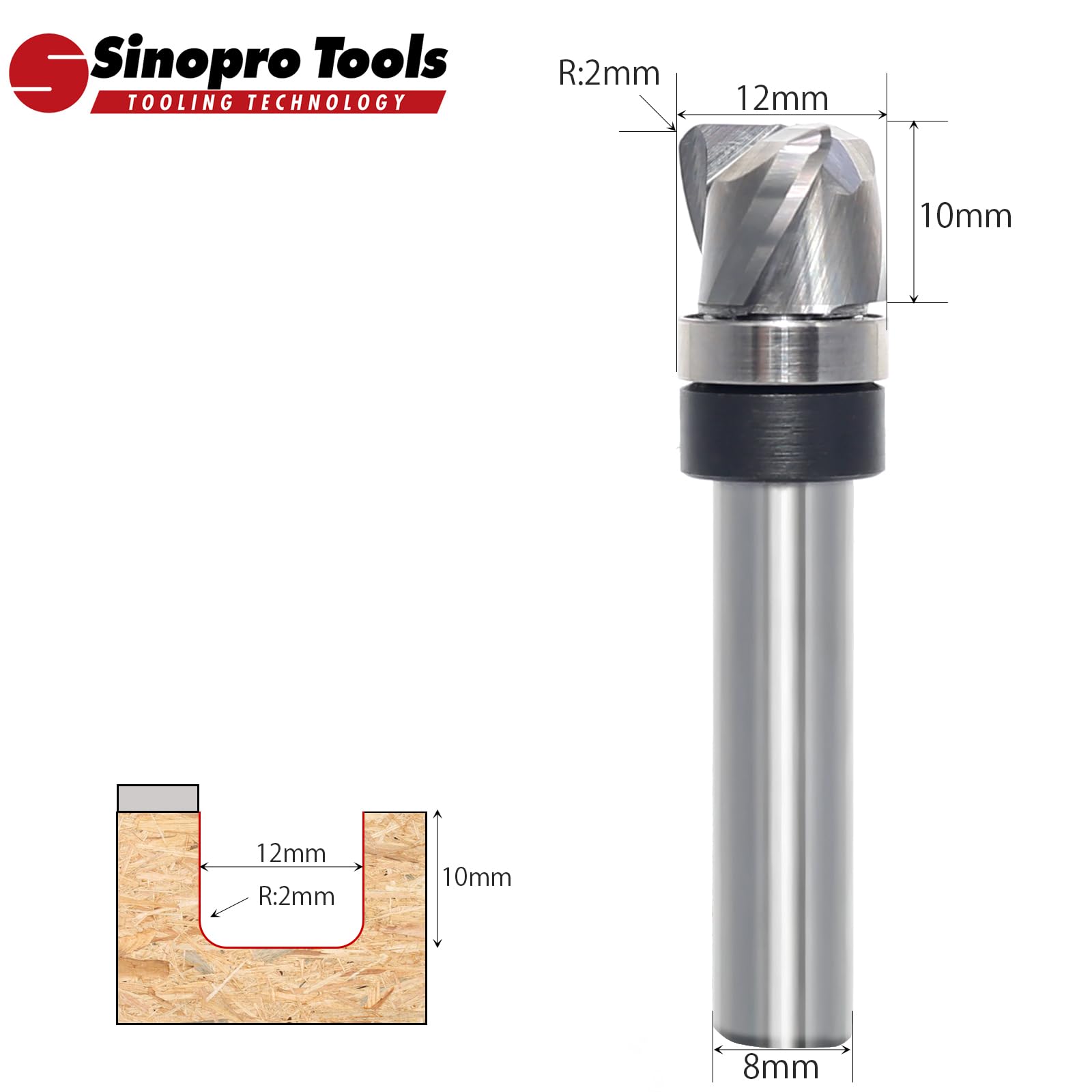 Ciotola e fresa per vassoi – fusto 8 mm, diametro di taglio 12 mm, lunghezza di taglio 10 mm, raggio di 2 mm, 3 flauto in metallo duro Upcut frese a spirale per fresatrice superiore