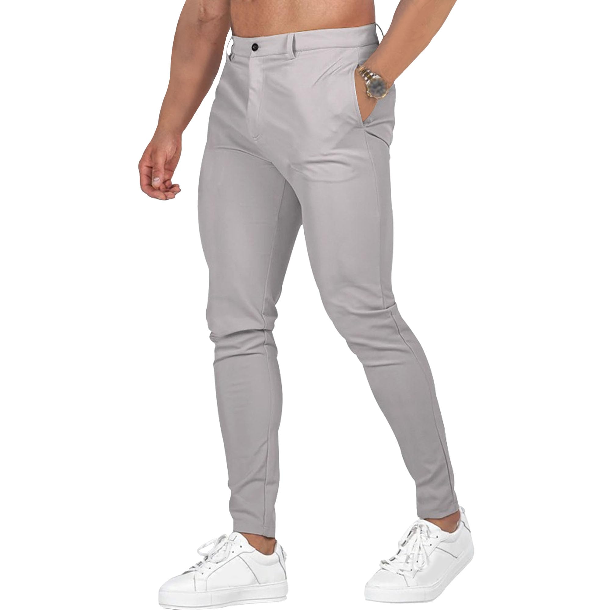 Qolkmuiy-GJ Men's Chinos Slim Fit Pants Stretch Skinny Tapered Dress Slack Comfort Casual Solid Workout Trousers (Grey,X-Large)