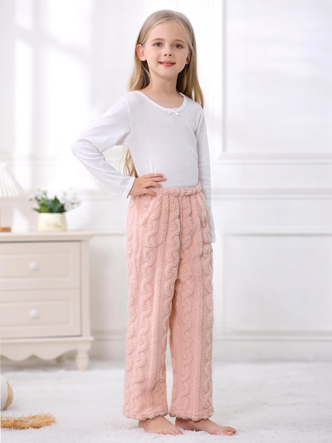 Umeyda Girl's Women's Fuzzy Pajama Pants Elastic Waist Fleece Plush Loungewear Pj Pants with Pockets, 6Years-XL - Image 3