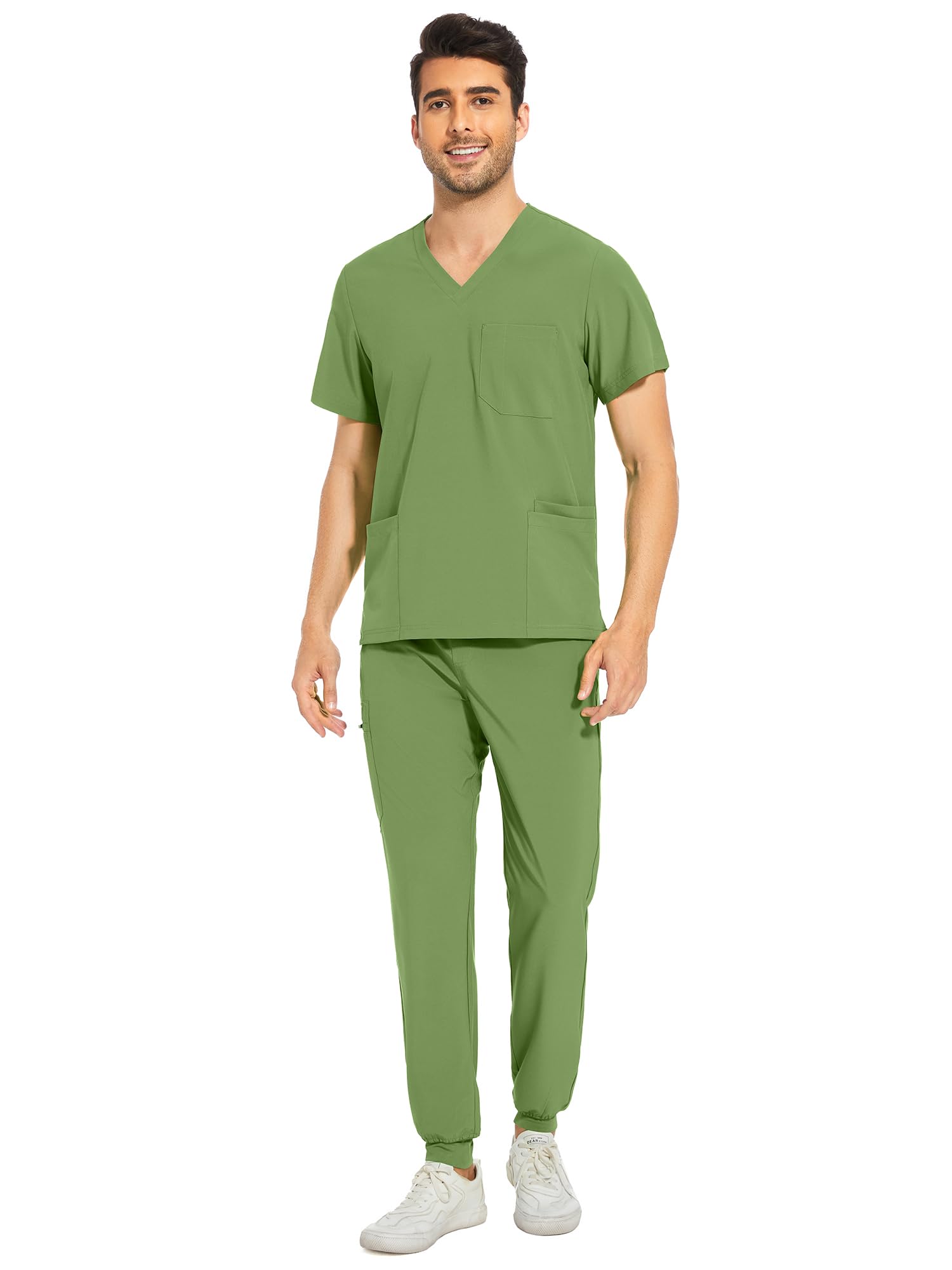 COZYFIT Men Scrubs Set — Stretch V-Neck Scrub Top & Jogger Pant with 8 Pockets, Yoga Waistband, Anti-Wrinkle Scrubs for Men, Beanstalk Green, Small
