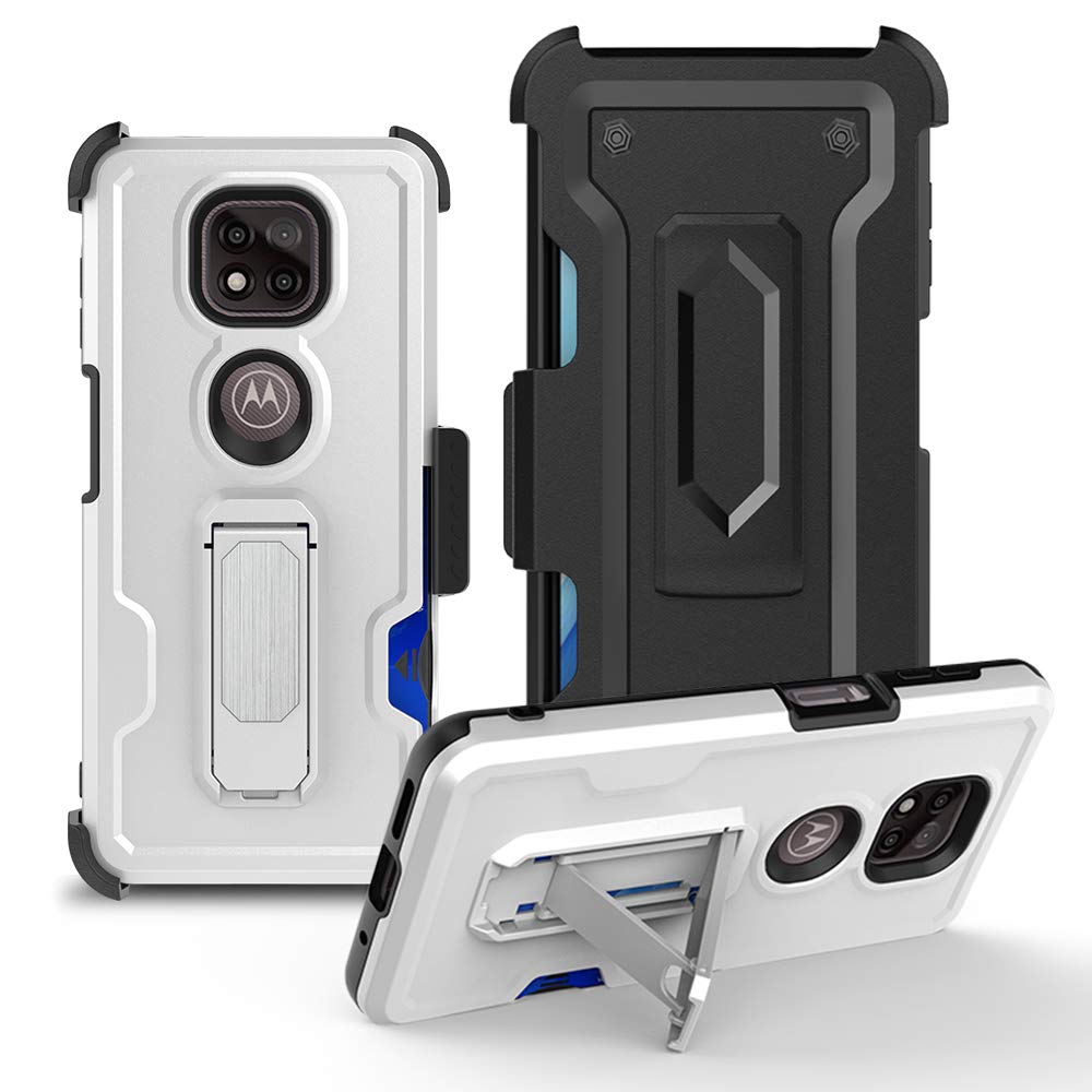 LE Cases for Motorola Moto G Power 2021 with Tempered Glass Screen Protector and Kickstand Belt Clip Holster with Credit Card Slot Case (Silver)