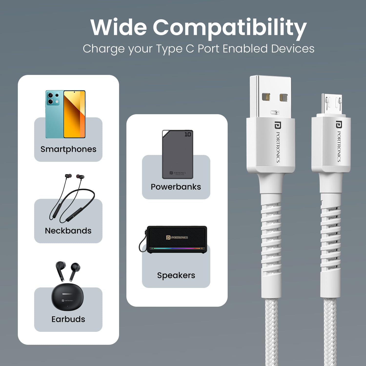 Portronics Konnect X USB-A to Micro USB Fast Charging Cable With Max 3A Output,Fast Charging & Data Transfer, Nylon Braided, Aluminium Alloy Shell, 1M Length compatible with Micro usb Devices(White) — Amazon image 5