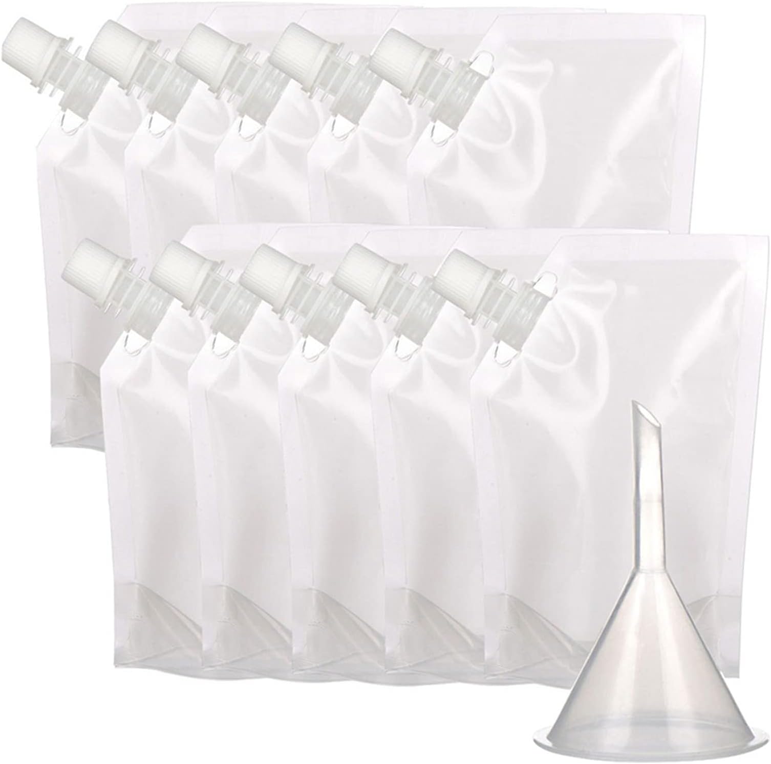 Drink Pouches for Festivals, 10 Pieces 250ml 500ml Liquid Pouches with Funnel, Refillable Juice Pouches Clear Plastic Flasks Hot Cold Beverage Drink Container for Picnic Travel Halloween Christmas