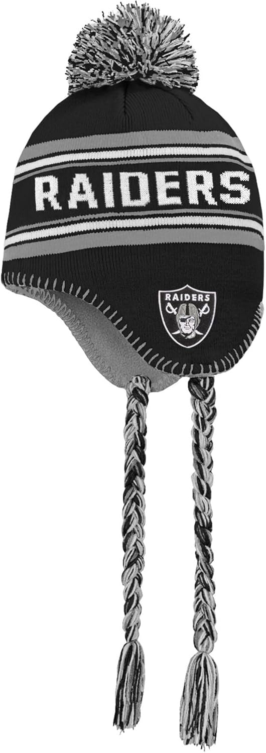 NFL Kids Youth 8-20 Team Color Primary Logo Jacquard Tassel Cold Weather Football Pom Beanie Knit Hat One Size