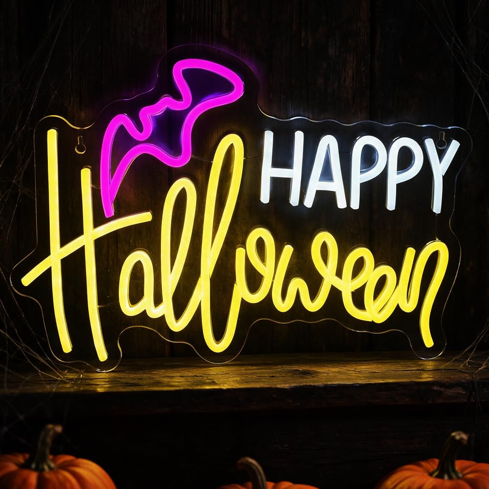 Dhqkqg Happy Halloween Neon Sign, 40 * 29cm Dimmable Led Neon Lights Sign, Colorful Halloween Wall Lights, Powered by USB with Switch for Halloween Parties, Indoor Home and Window Decorations